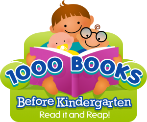 parent reading to two children on a chair with the text: 1000 Books Before Kindergarten - Read it and Reap!